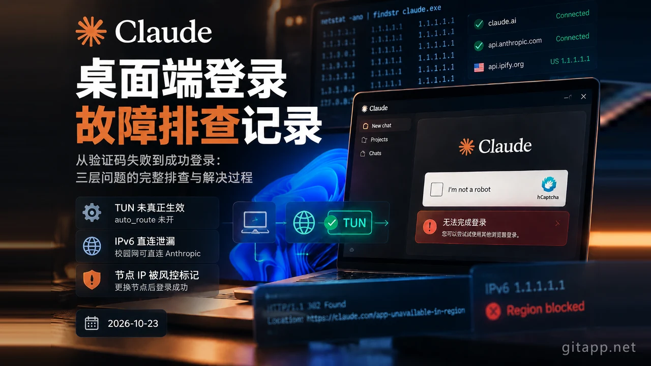 Claude 桌面端登录一直弹 hCaptcha 过不去？TUN 路由、IPv6 泄漏与节点风控排查实录（Windows）