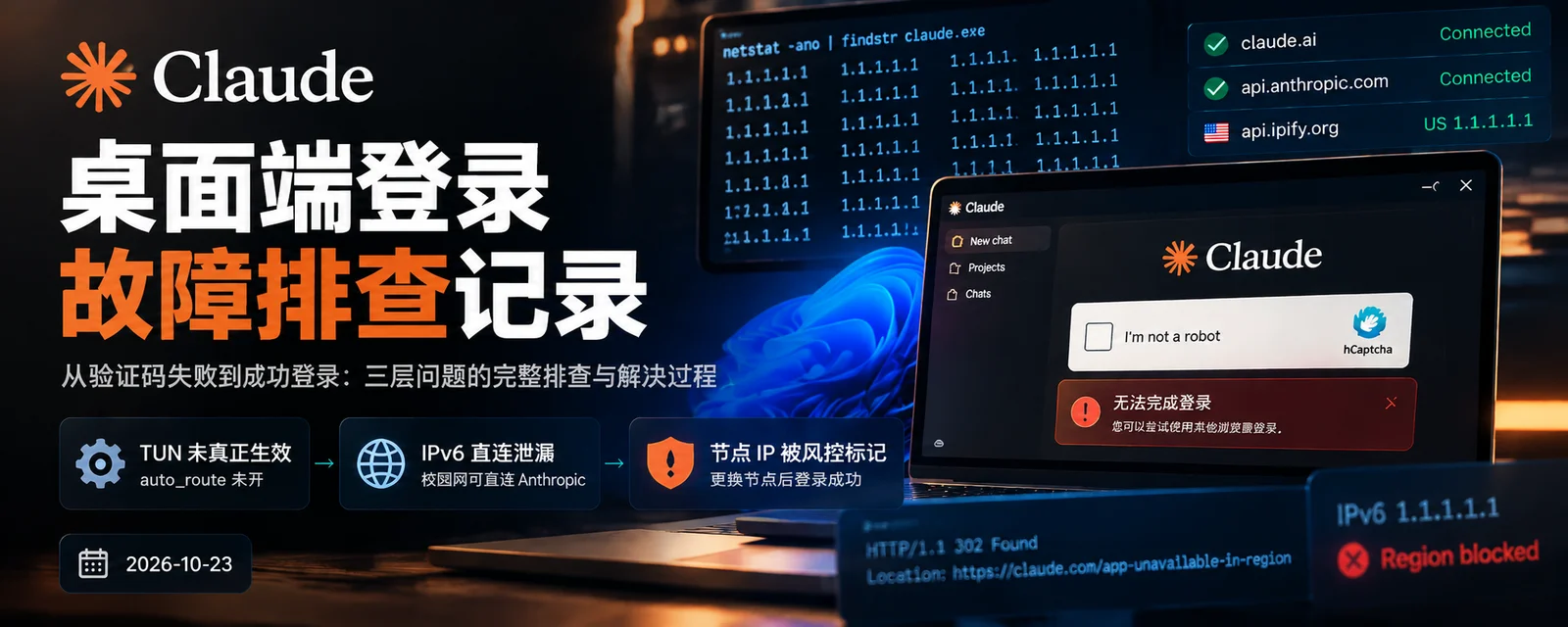 Claude 桌面端登录故障三层排查:TUN 路由、IPv6 泄漏、节点风控